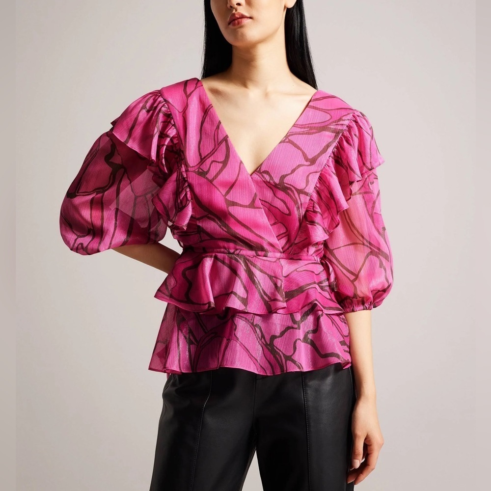 NWT Ted Baker Jasmyna Pink Ruffle V-Neck Tie Waist Peplum Style Blouse